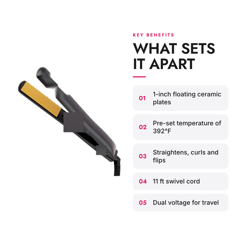 Key benefits of the 1-Inch Ceramic Flat Iron with Floating Plates, Dual Voltage