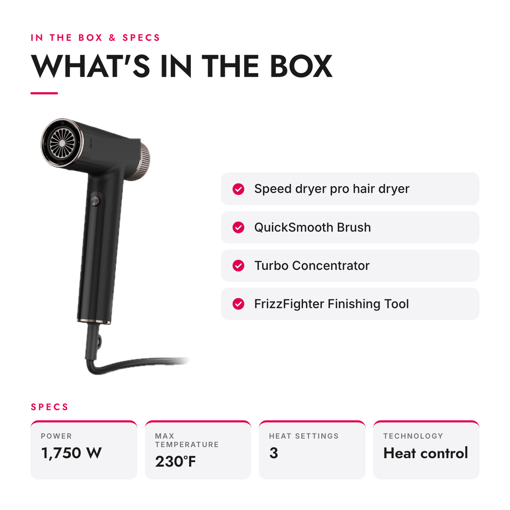 What's in the box and specifications: High-Velocity Hair Dryer with 3 Styling Attachments