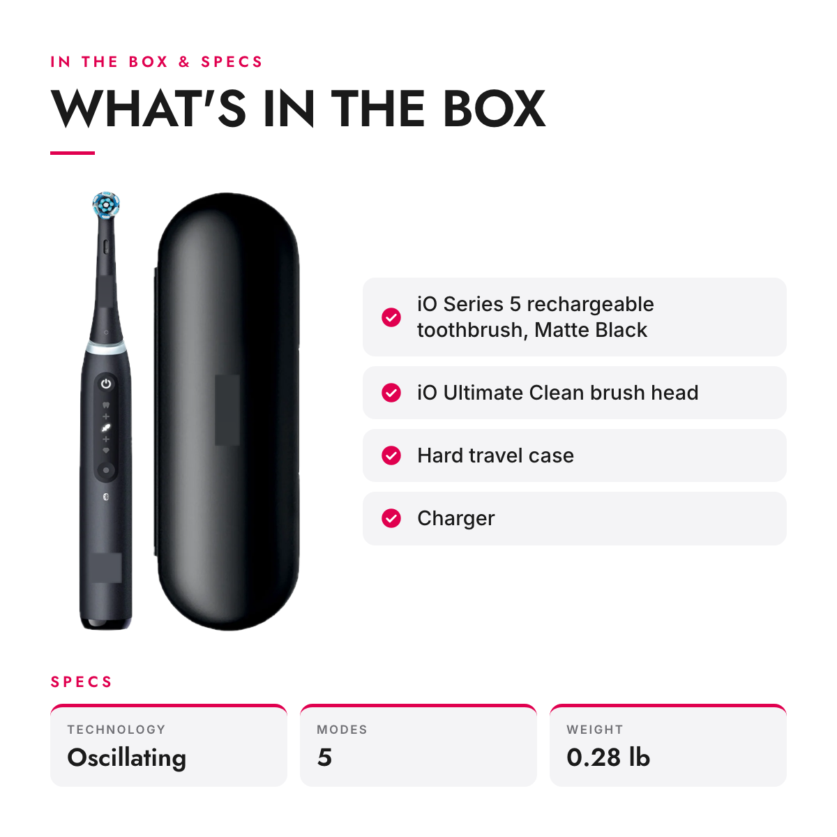 What's in the box and specifications: Smart Rechargeable Electric Toothbrush with 5 Modes, Pressure Sensor and Travel Case