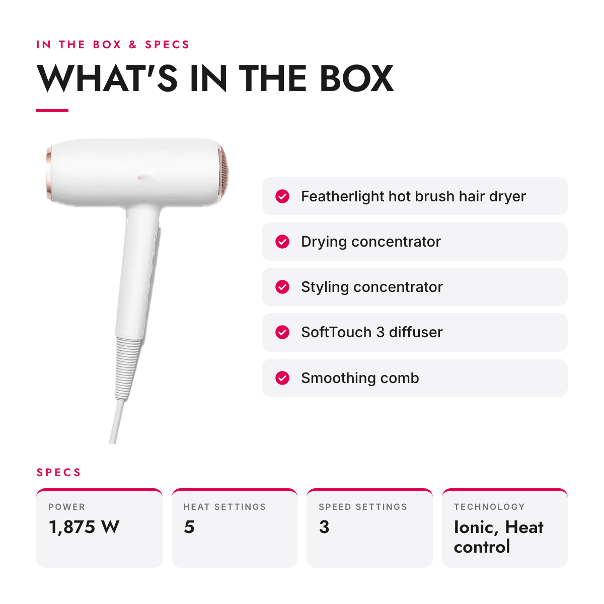 What's in the box and specifications: Ionic Hair Dryer with Automatic Heat Settings and 4 Attachments