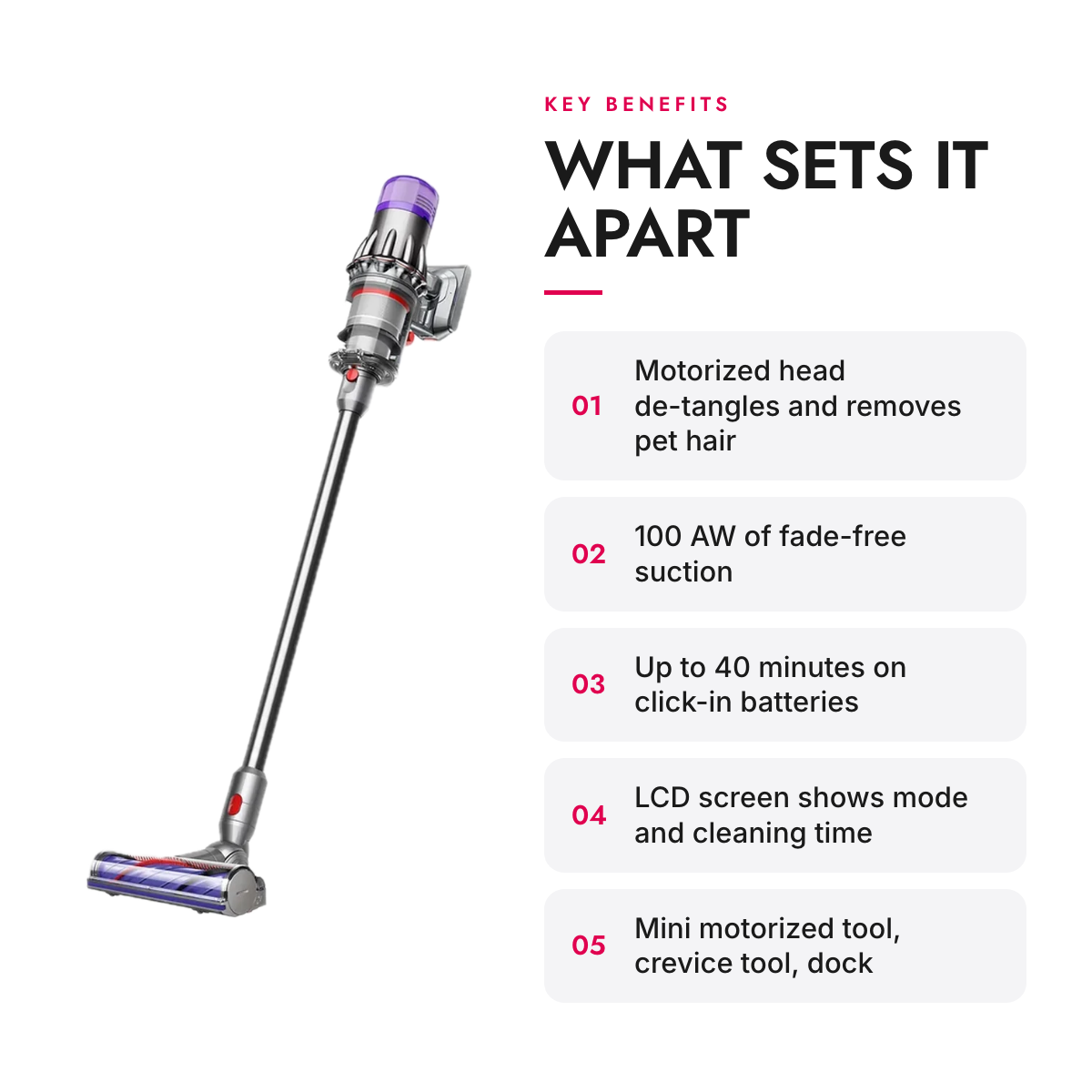 Key benefits of the Cordless Stick Vacuum with De-Tangling Motorized Head and LCD Screen