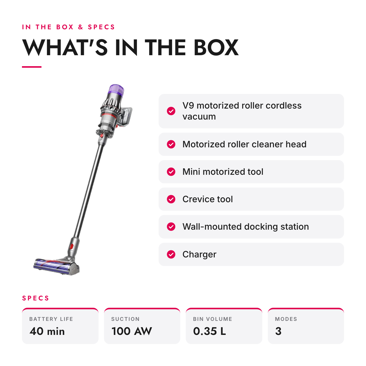 What's in the box and specifications: Cordless Stick Vacuum with De-Tangling Motorized Head and LCD Screen