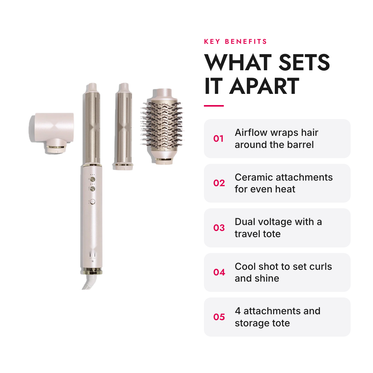 Key benefits of the Ceramic Dual Voltage Air Styler with Curling Attachments