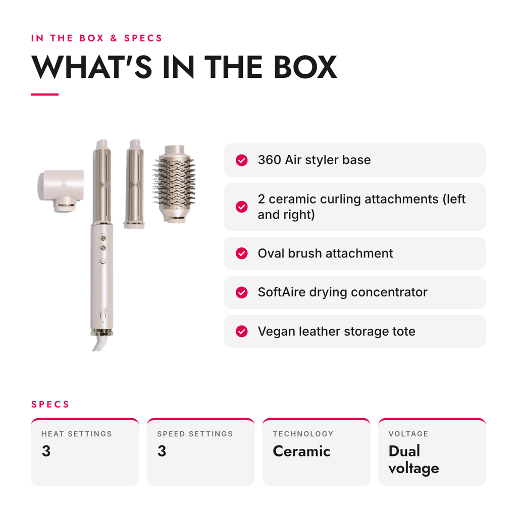 What's in the box and specifications: Ceramic Dual Voltage Air Styler with Curling Attachments