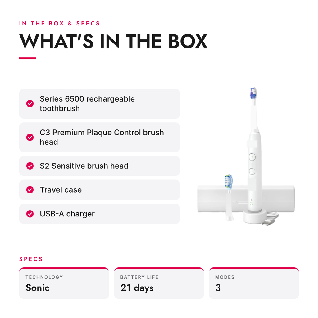 What's in the box and specifications: Sonic Rechargeable Toothbrush with 3 Modes, Pressure Light and Travel Case, White