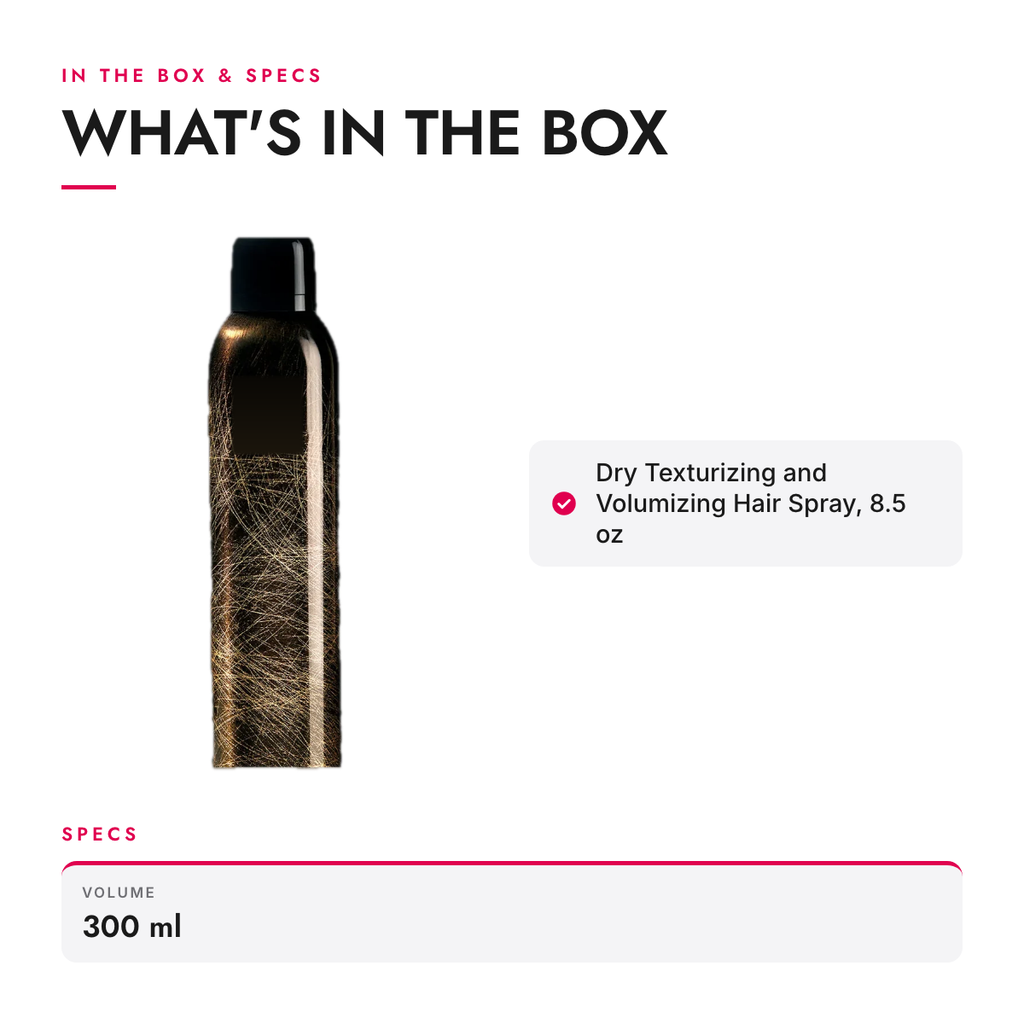 What's in the box and specifications: Dry Texturizing and Volumizing Hair Spray, 8.5 oz