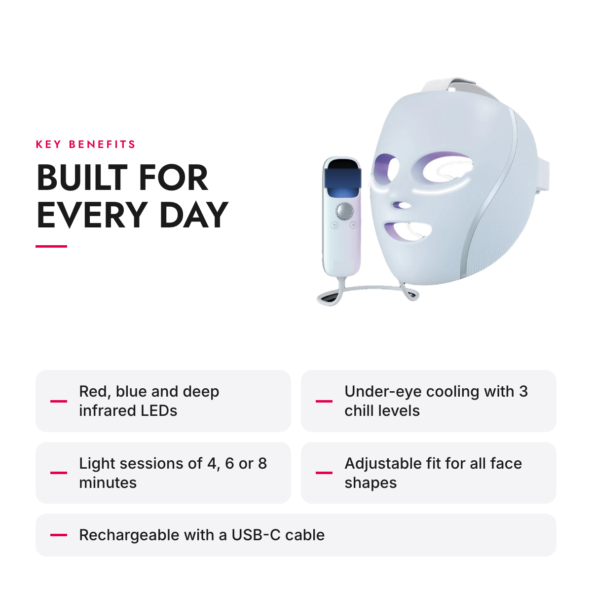 Key benefits of the LED Face Mask with Red, Blue and Infrared Light and Under-Eye Cooling
