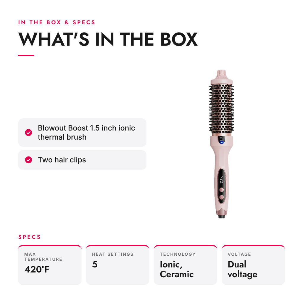 What's in the box and specifications: 1.5-Inch Ionic Heated Round Brush with 5 Heat Settings