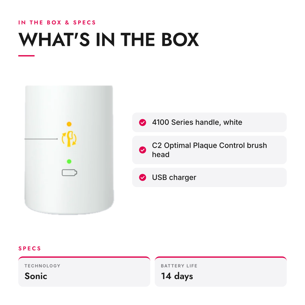 What's in the box and specifications: Sonic Rechargeable Toothbrush with Pressure Sensor and 2 Intensities, White