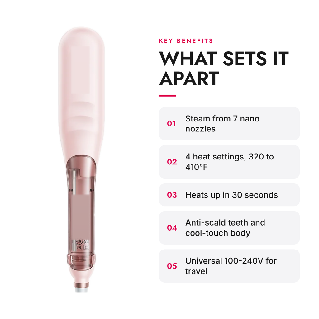 Key benefits of the Steam Straightening Brush with 4 Heat Settings and Anti-Scald Teeth