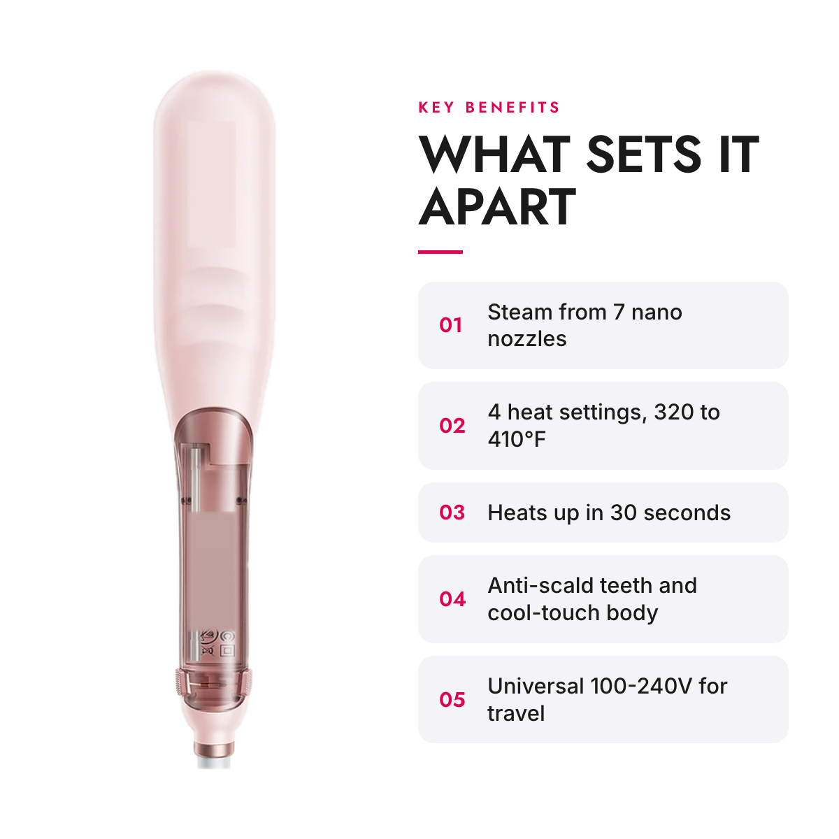 Key benefits of the Steam Straightening Brush with 4 Heat Settings and Anti-Scald Teeth