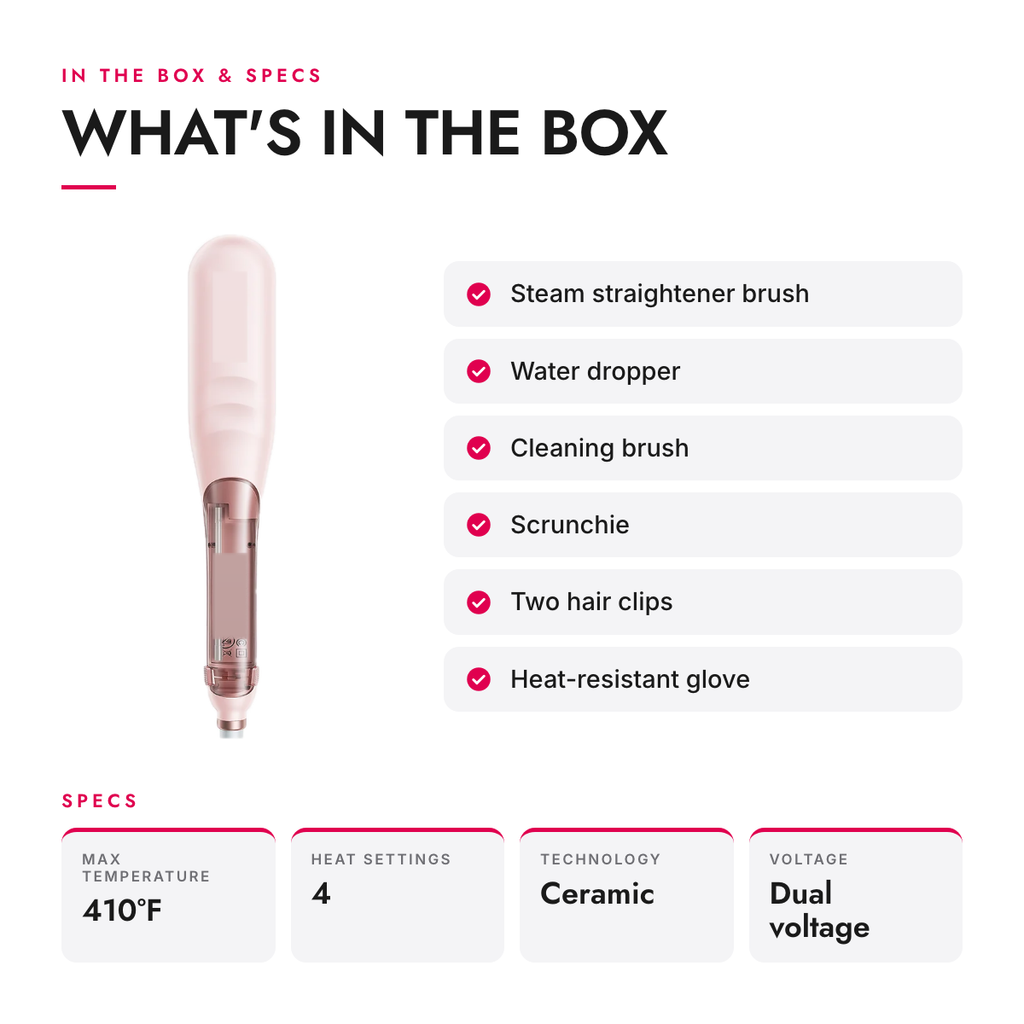 What's in the box and specifications: Steam Straightening Brush with 4 Heat Settings and Anti-Scald Teeth
