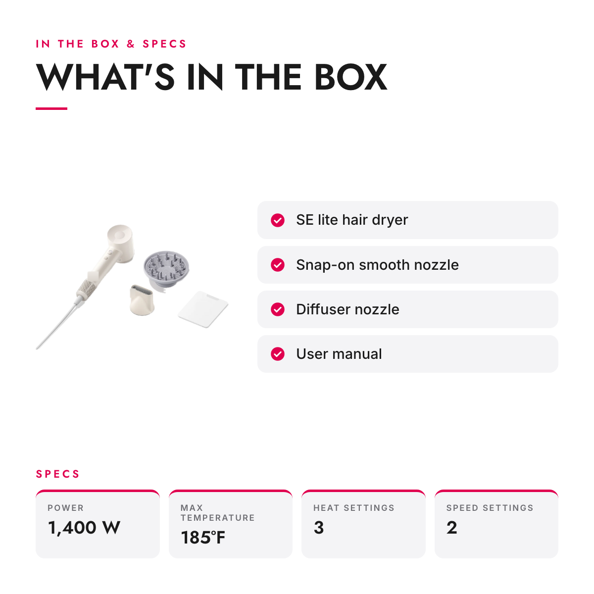 What's in the box and specifications: Lightweight High-Speed Ionic Hair Dryer with Diffuser