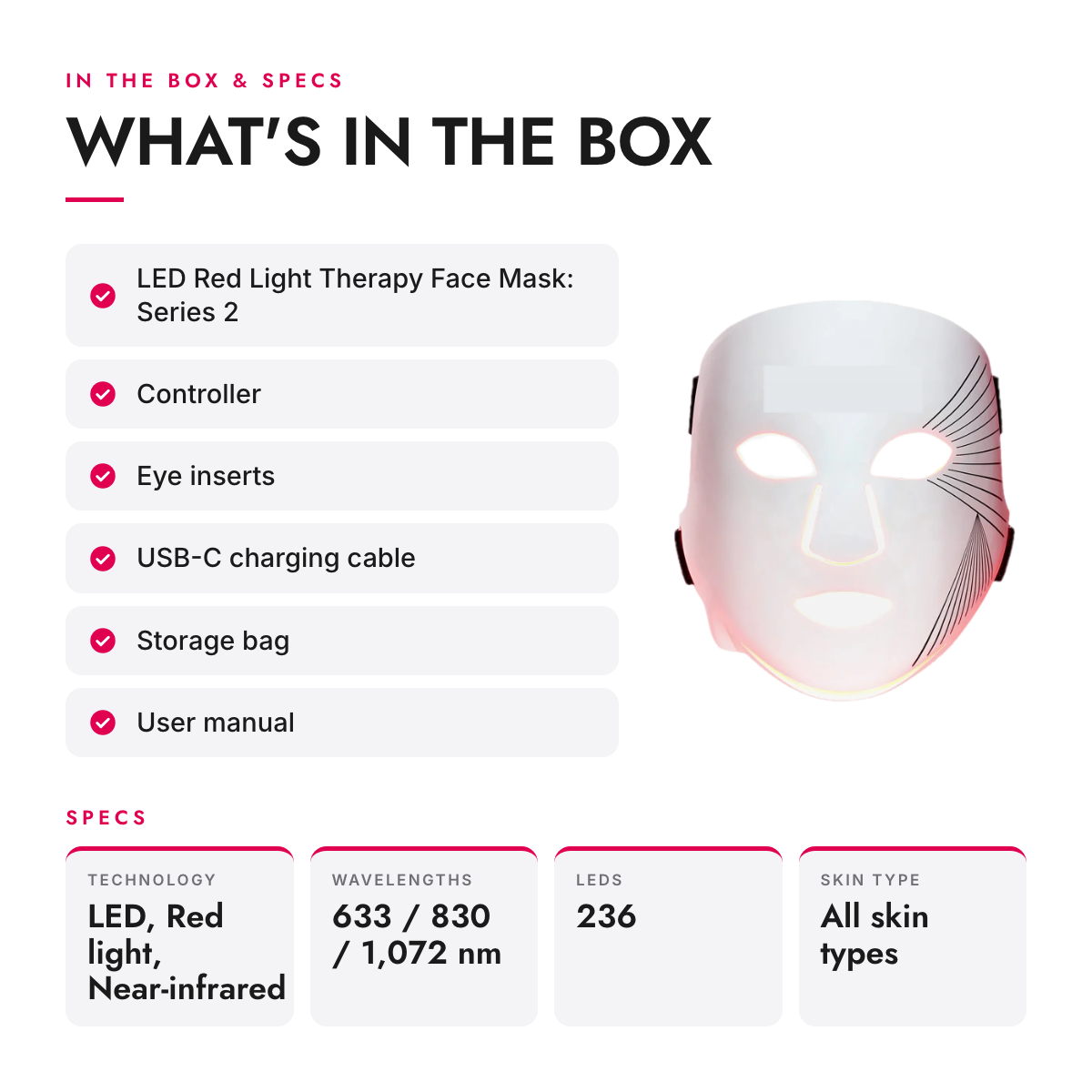 What's in the box and specifications: Red and Near-Infrared LED Face Mask with Chin Strap