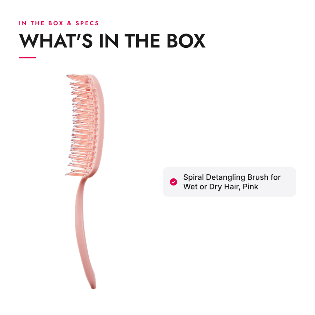 What's in the box and specifications: Spiral Detangling Brush for Wet or Dry Hair, Pink