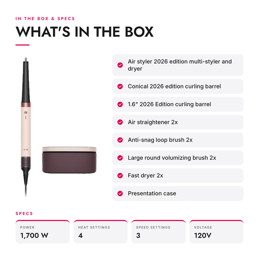What's in the box and specifications: Air Multi-Styler and Dryer with 6 Attachments
