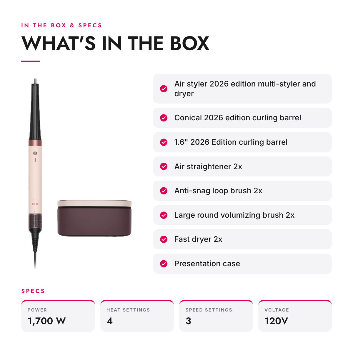 What's in the box and specifications: Air Multi-Styler and Dryer with 6 Attachments