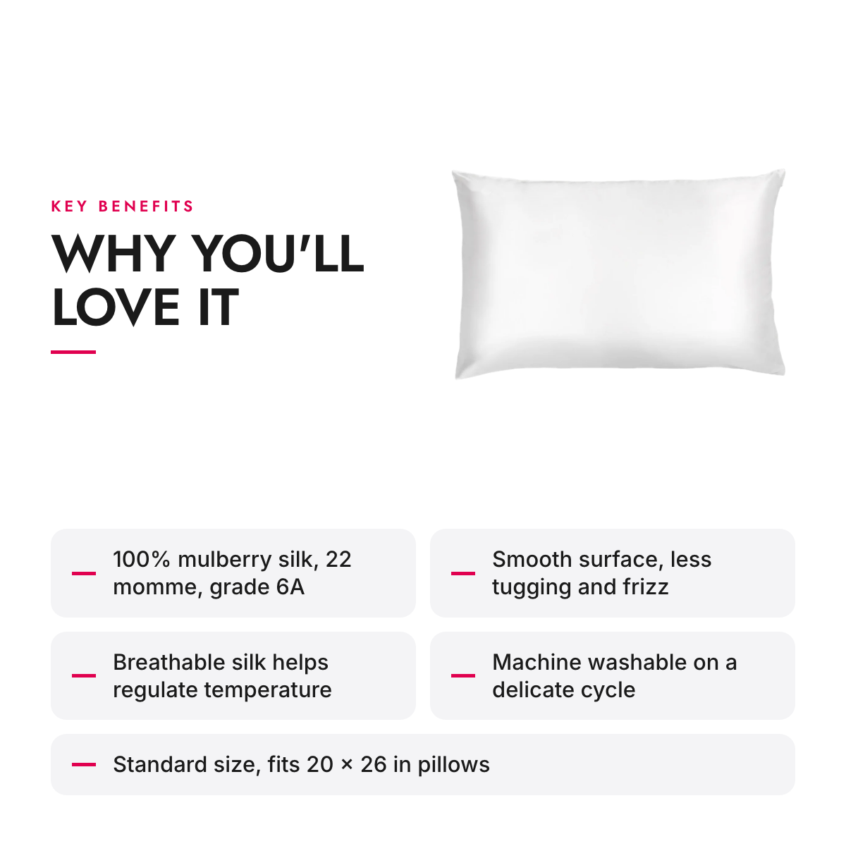 Key benefits of the Mulberry Silk Pillowcase, 22 Momme, White, Standard
