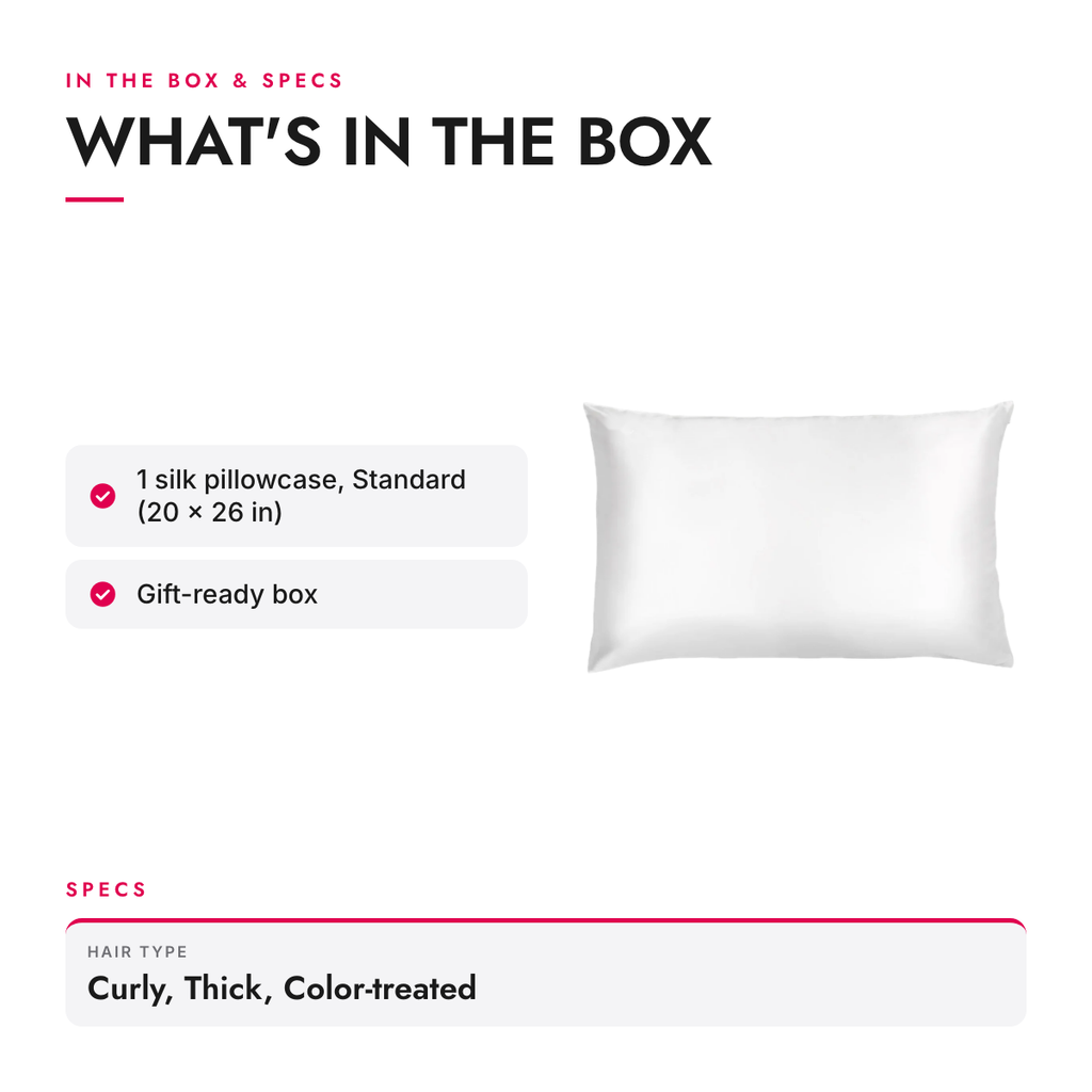 What's in the box and specifications: Mulberry Silk Pillowcase, 22 Momme, White, Standard
