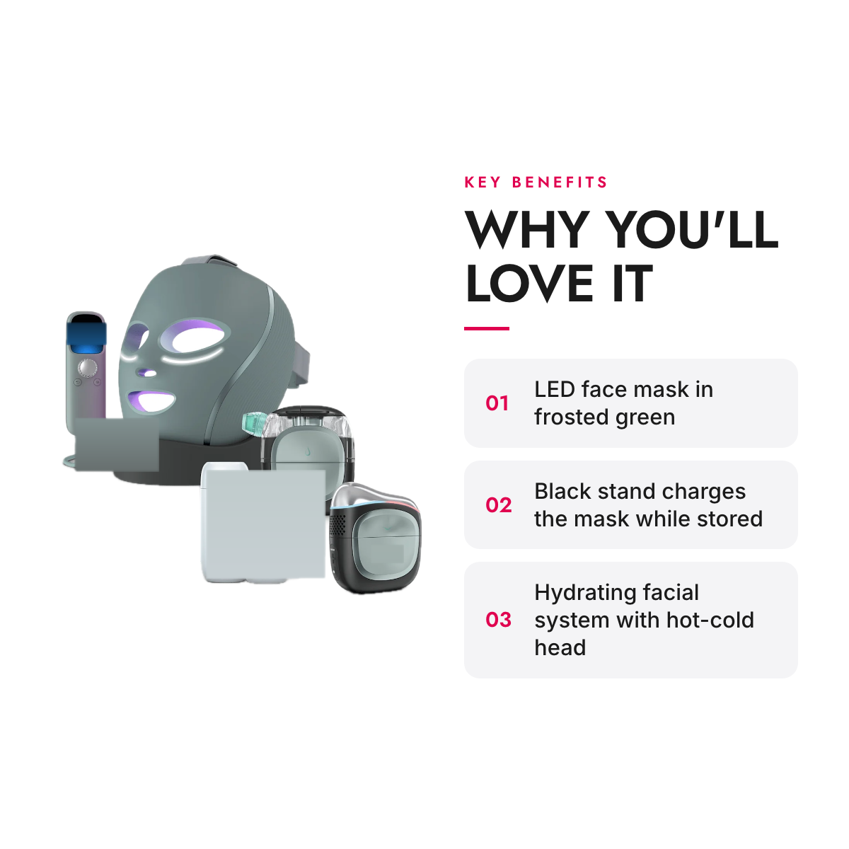 Key benefits of the LED Face Mask Bundle with Charging Stand and At-Home Hydrating Facial System
