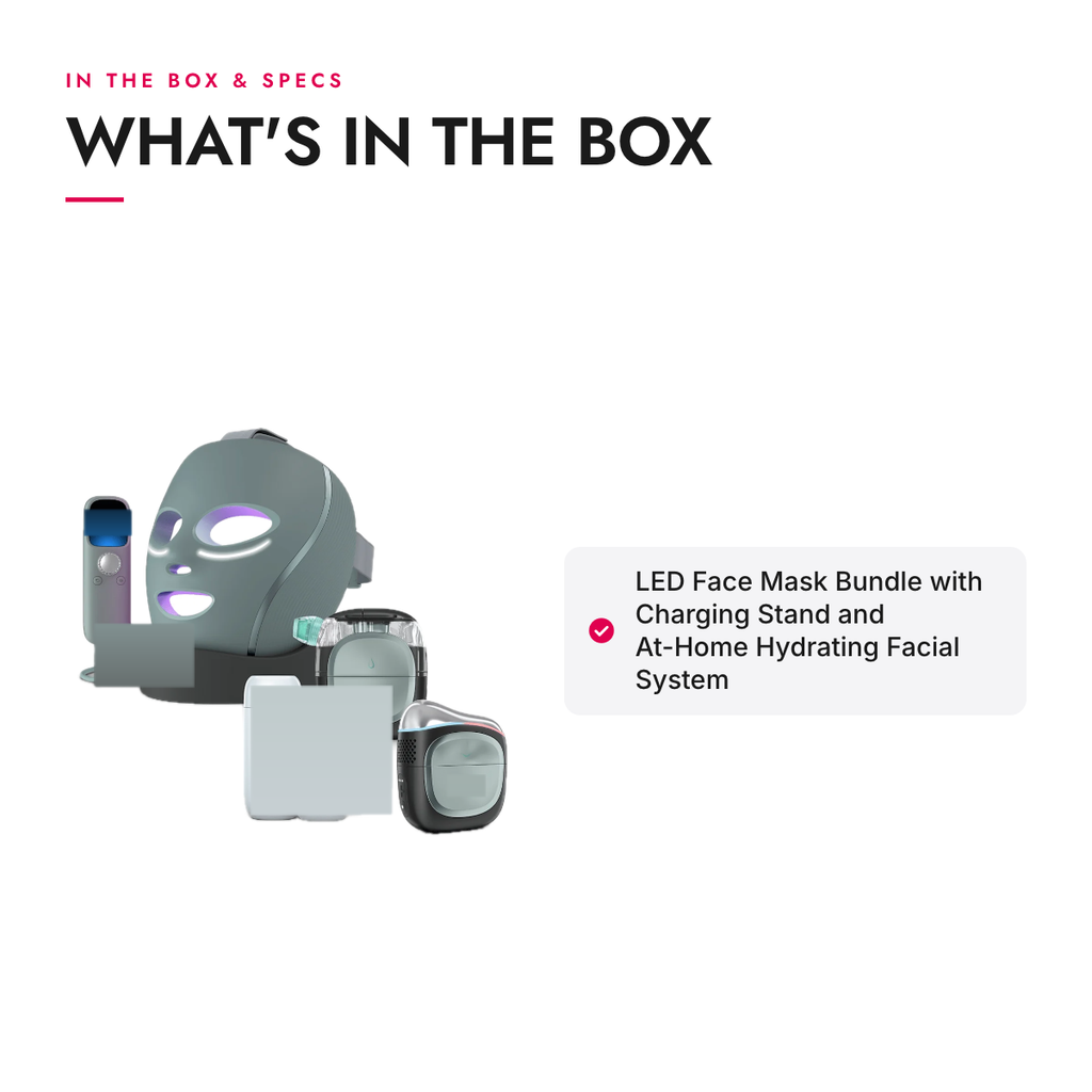 What's in the box and specifications: LED Face Mask Bundle with Charging Stand and At-Home Hydrating Facial System