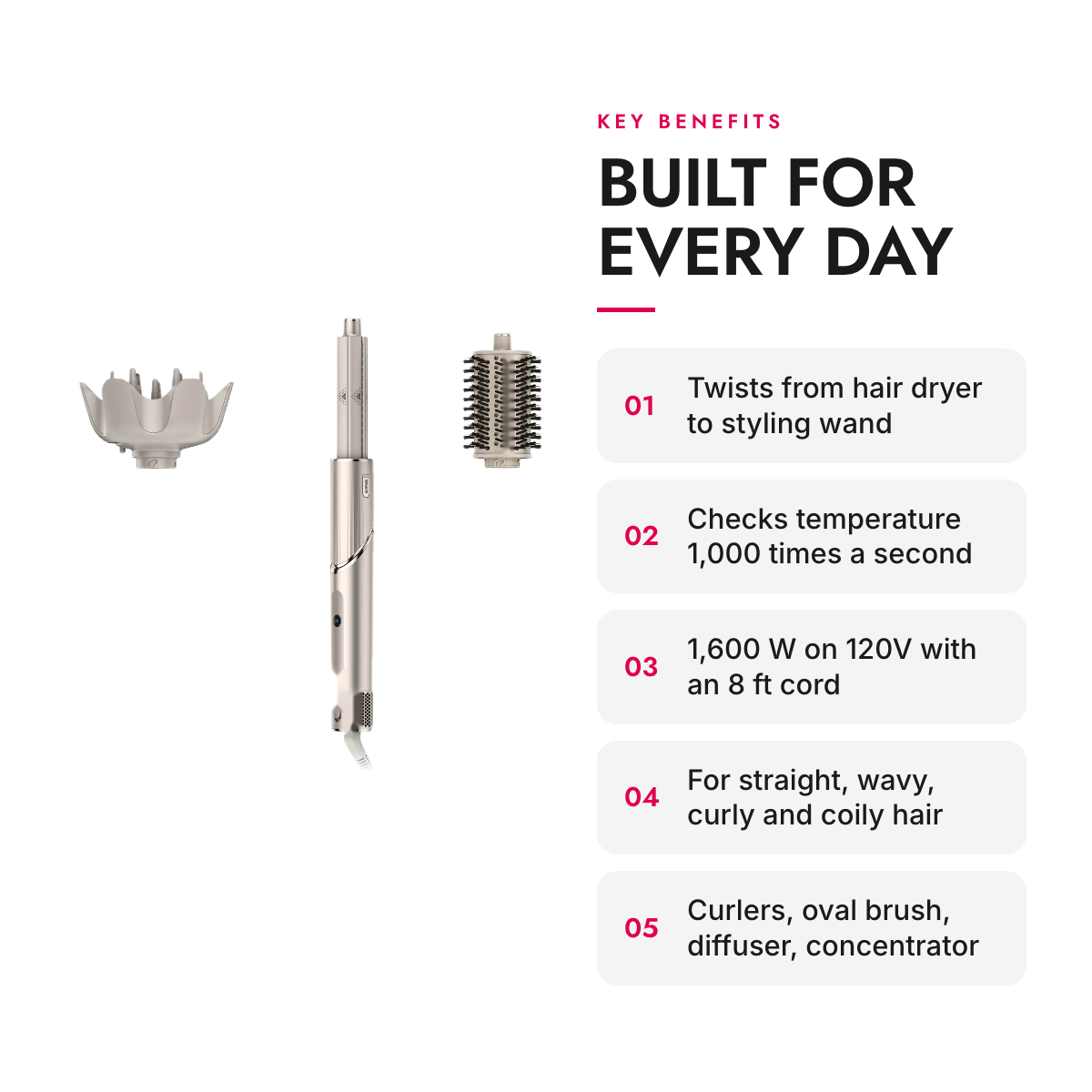 Key benefits of the 2-in-1 Hair Dryer and Air Styler with Curlers, Oval Brush and Diffuser
