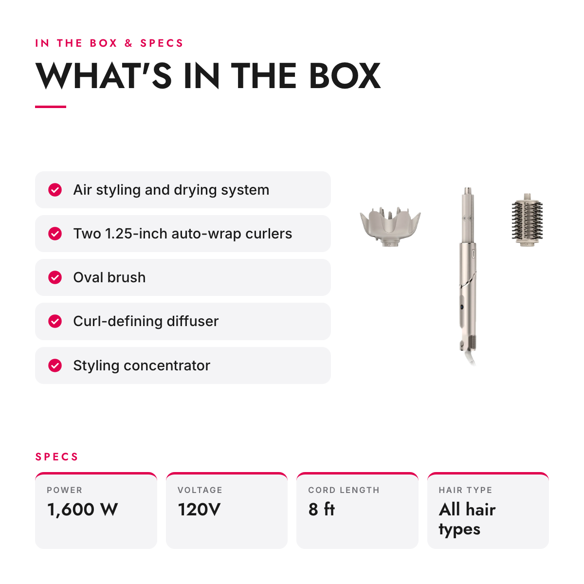 What's in the box and specifications: 2-in-1 Hair Dryer and Air Styler with Curlers, Oval Brush and Diffuser