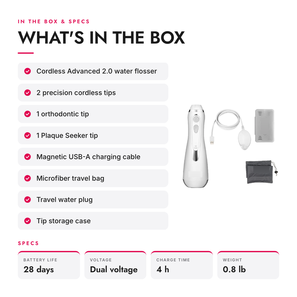 What's in the box and specifications: Cordless Rechargeable Water Flosser with Magnetic Charging and Travel Bag