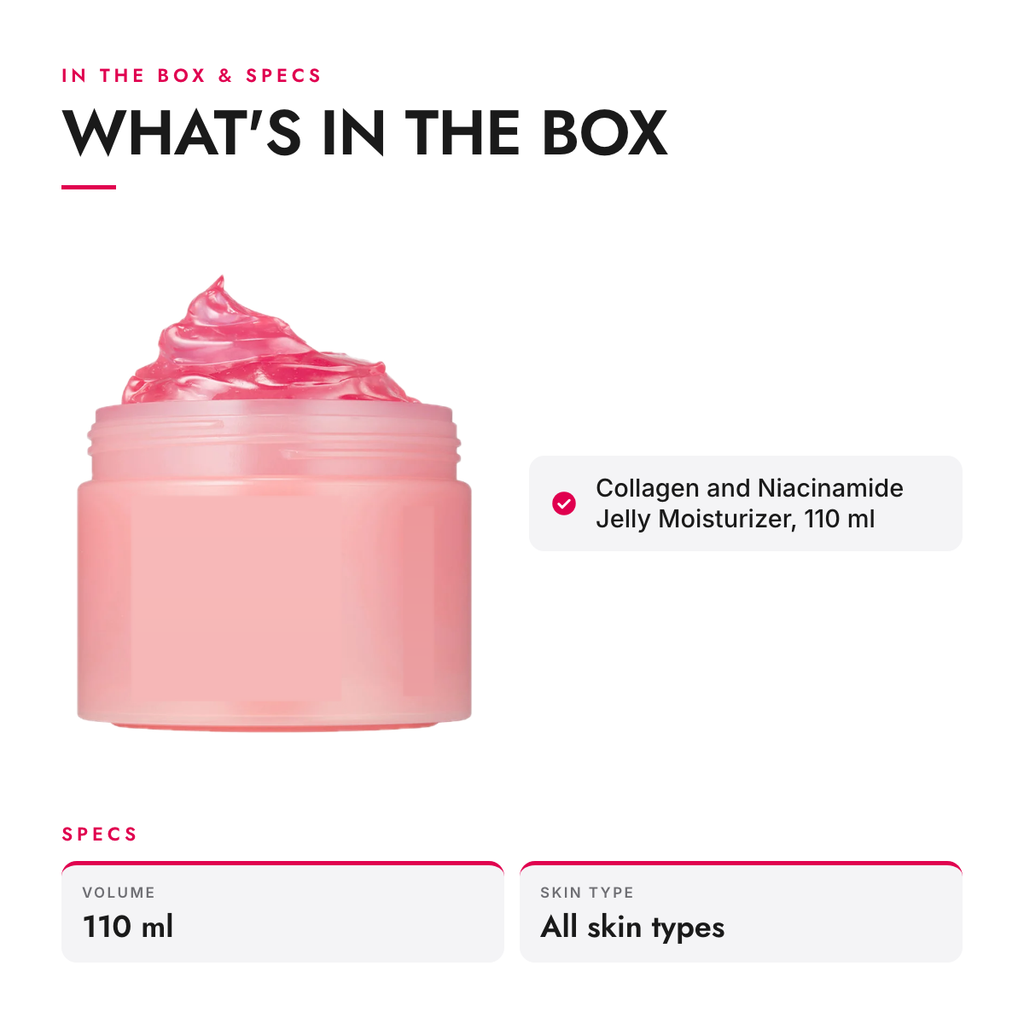 What's in the box and specifications: Collagen and Niacinamide Jelly Moisturizer, 110 ml