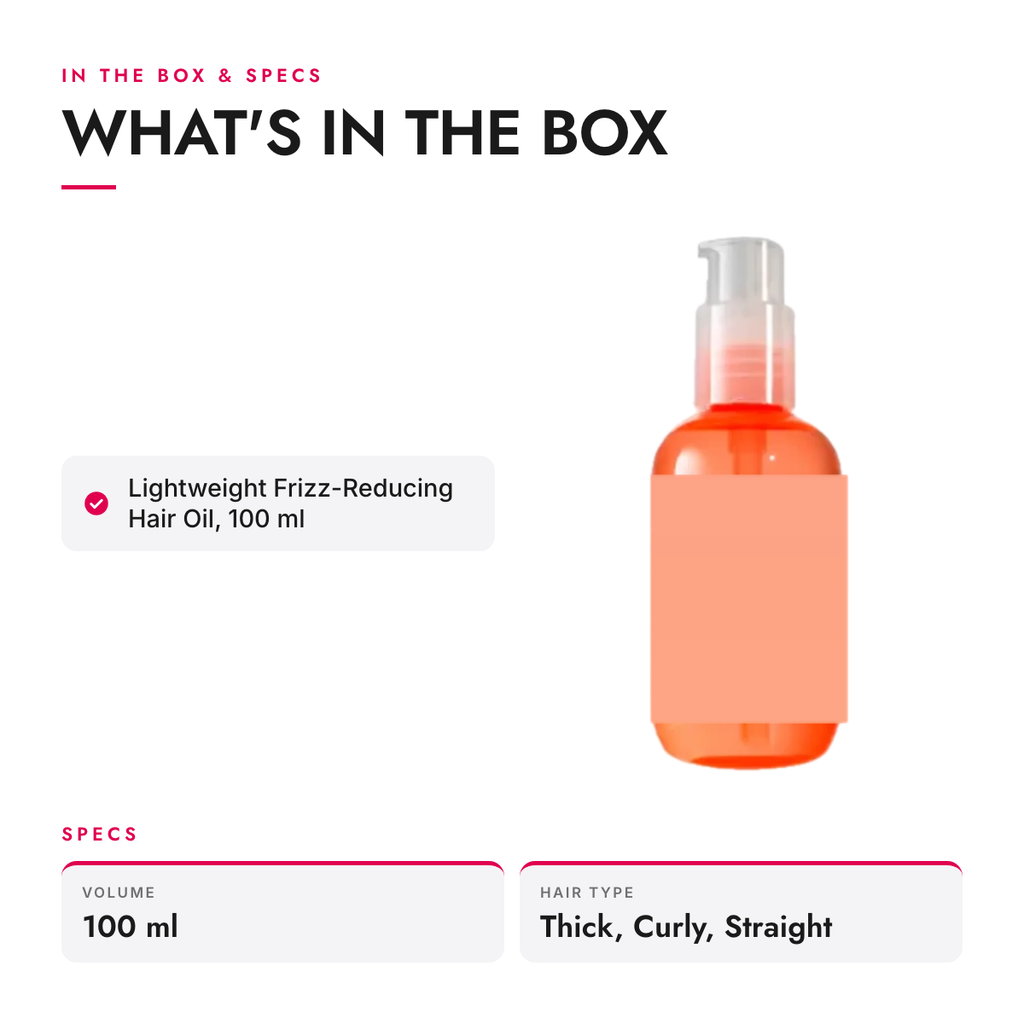 What's in the box and specifications: Lightweight Frizz-Reducing Hair Oil, 100 ml