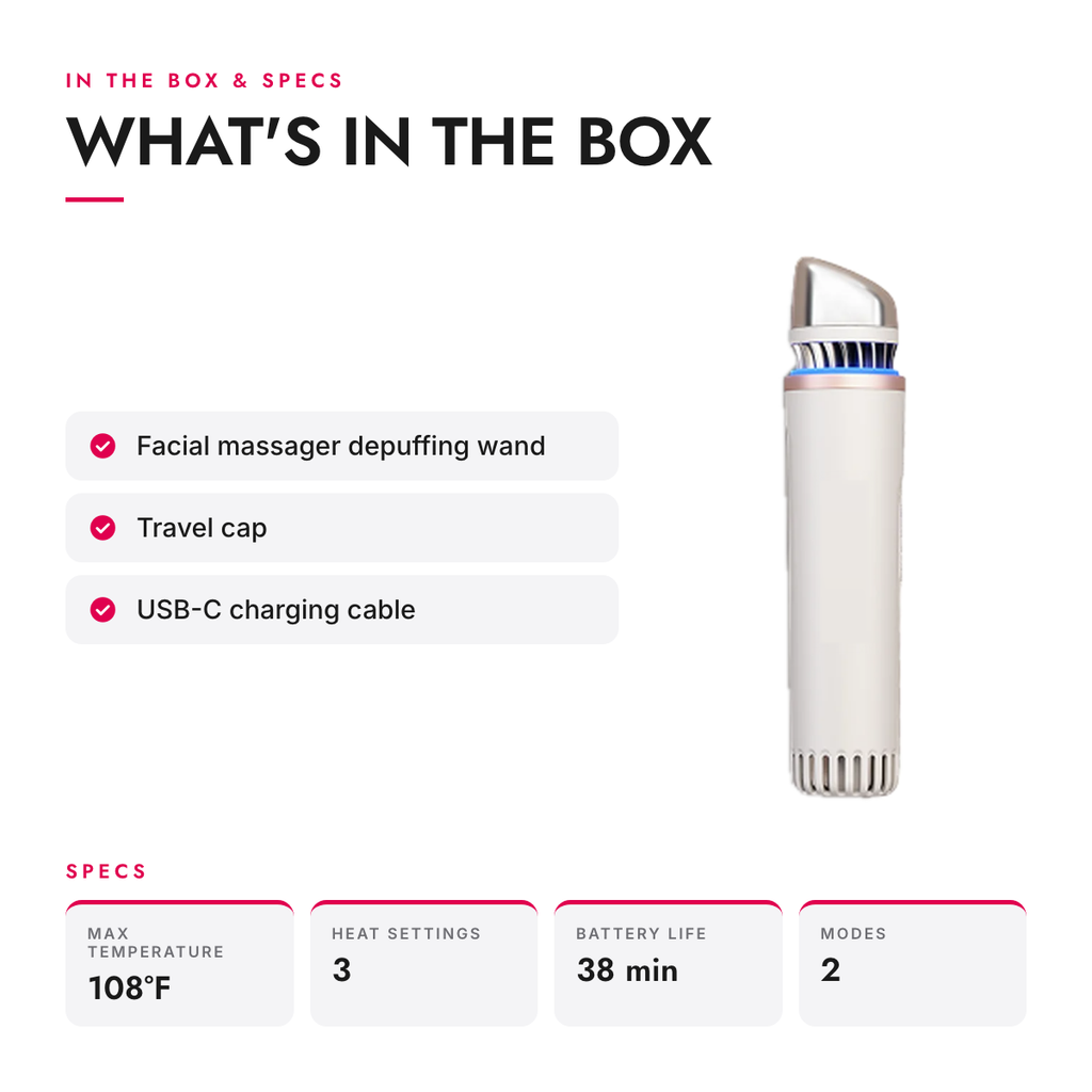 What's in the box and specifications: Hot and Cold Facial Depuffing Wand, Rechargeable