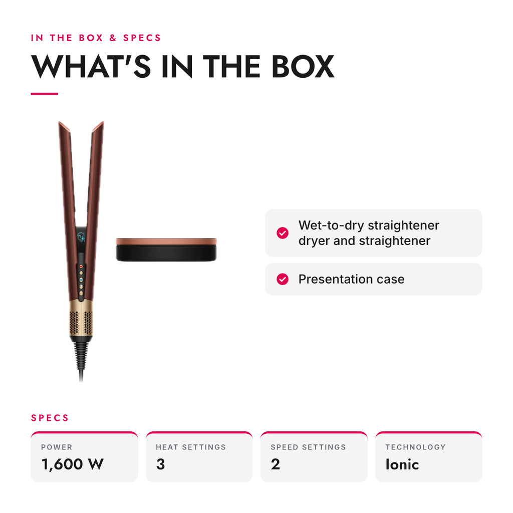 What's in the box and specifications: Wet-to-Dry Air Straightener with No Hot Plates