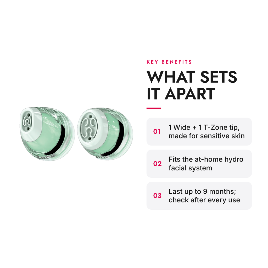 Key benefits of the Gentle Treatment Tip Set for At-Home Hydro Facial System, Wide + T-Zone