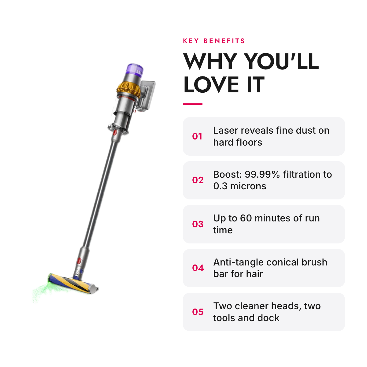 Key benefits of the Cordless Stick Vacuum with Laser Dust Detection and Particle Counter