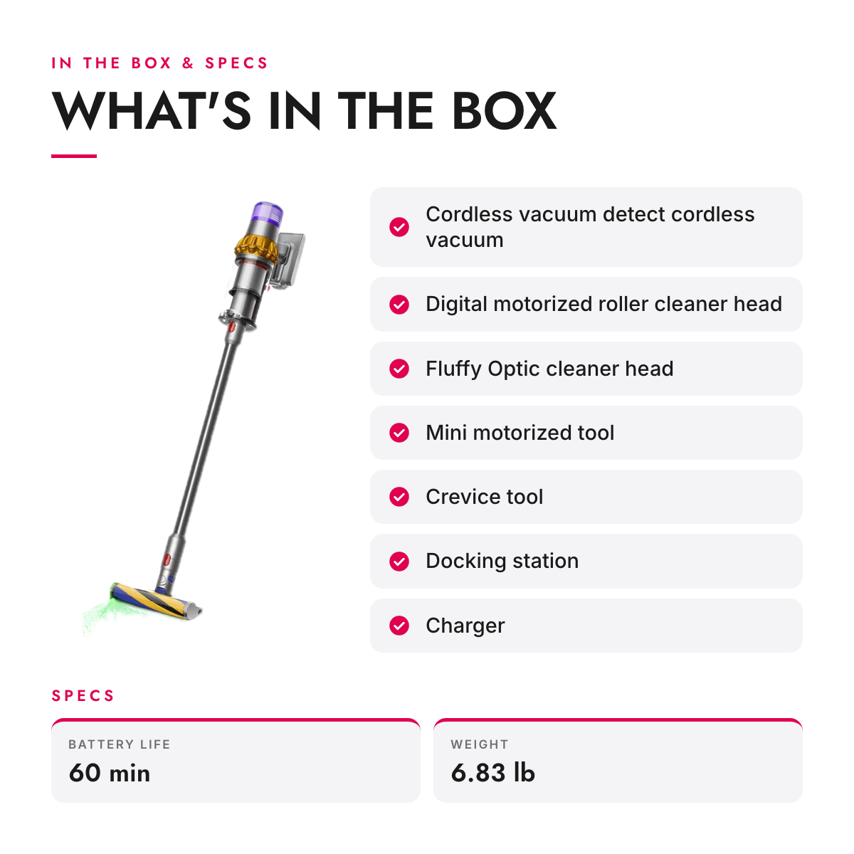What's in the box and specifications: Cordless Stick Vacuum with Laser Dust Detection and Particle Counter