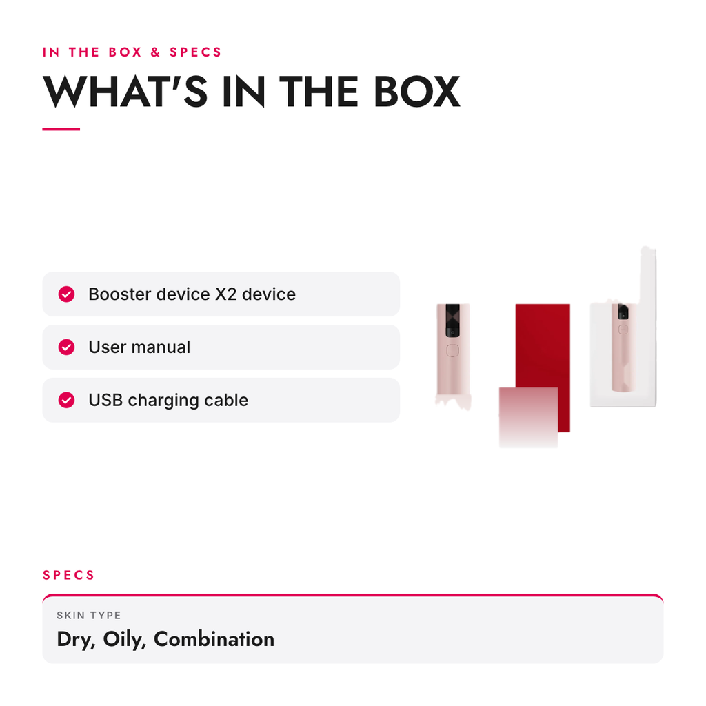 What's in the box and specifications: 7-Mode Dual-Head Facial Device with App Connectivity