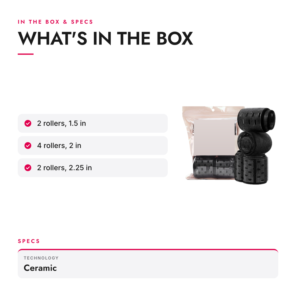 What's in the box and specifications: Ceramic Self-Grip Thermal Hair Rollers, 8-Piece Set