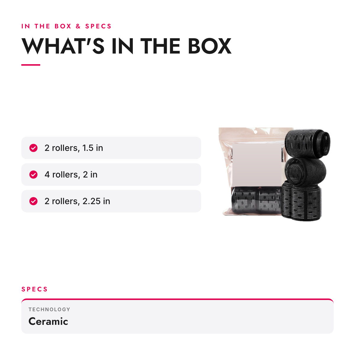 What's in the box and specifications: Ceramic Self-Grip Thermal Hair Rollers, 8-Piece Set
