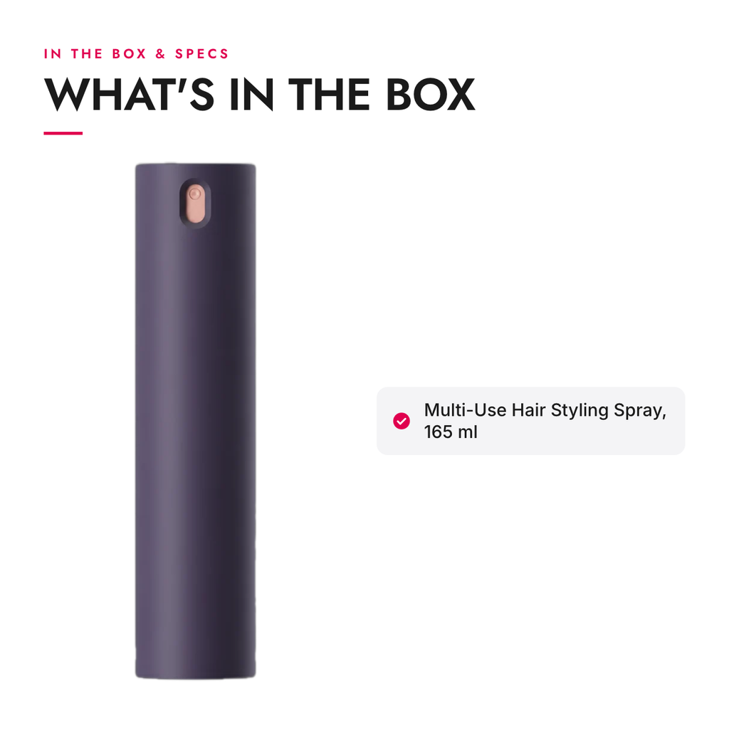 What's in the box and specifications: Multi-Use Hair Styling Spray, 165 ml