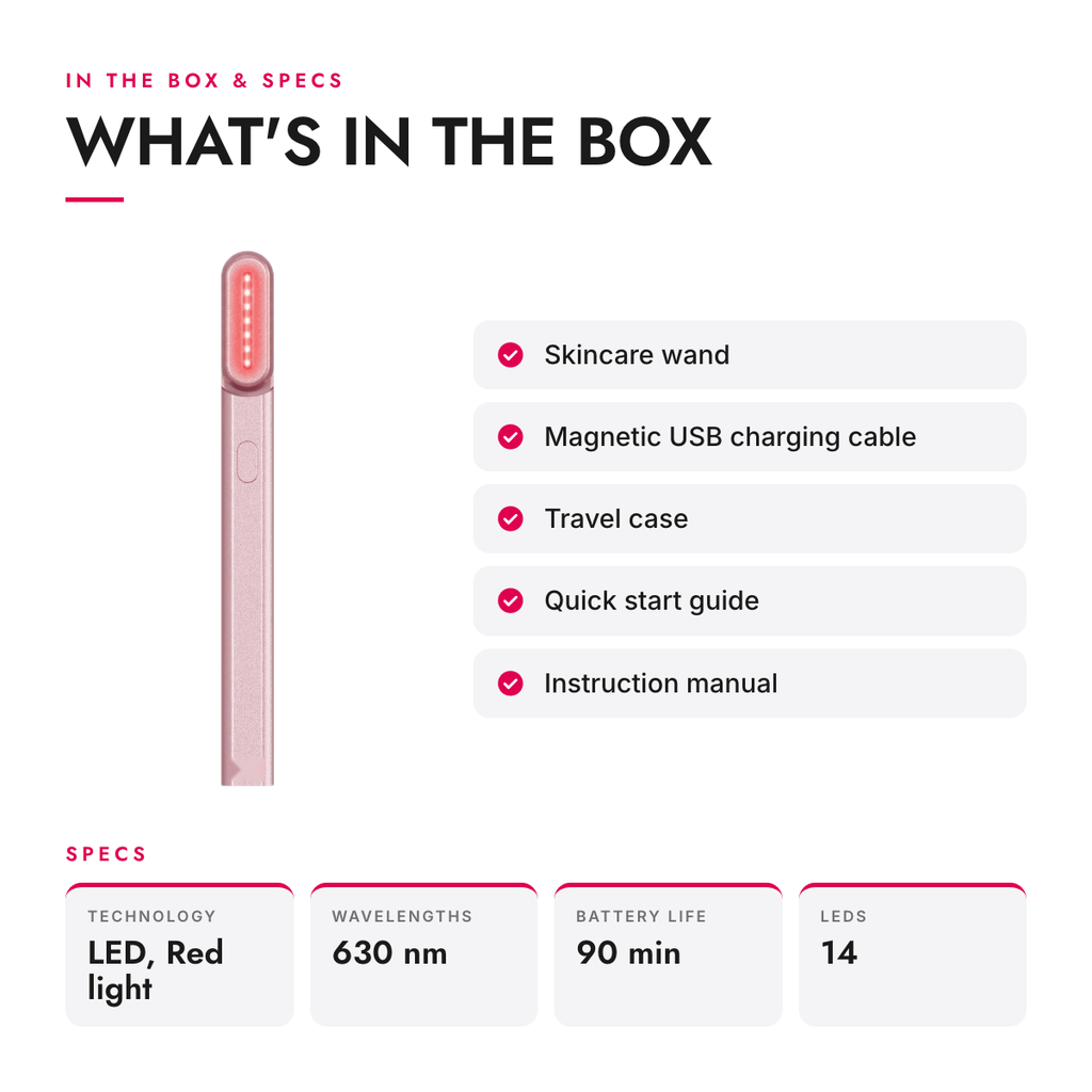 What's in the box and specifications: 4-in-1 Red Light Facial Wand with Warmth, Galvanic Current and Massage