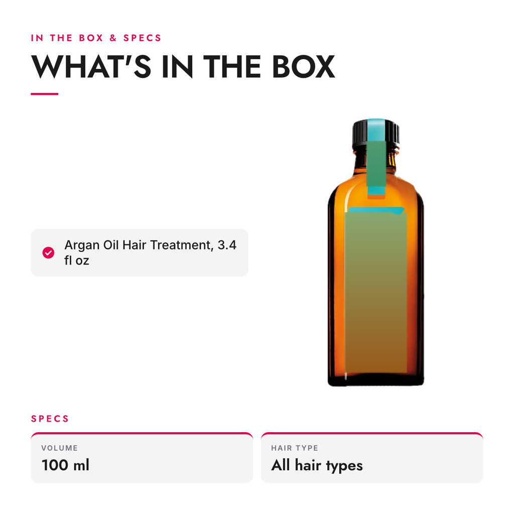 What's in the box and specifications: Argan Oil Hair Treatment, 3.4 fl oz