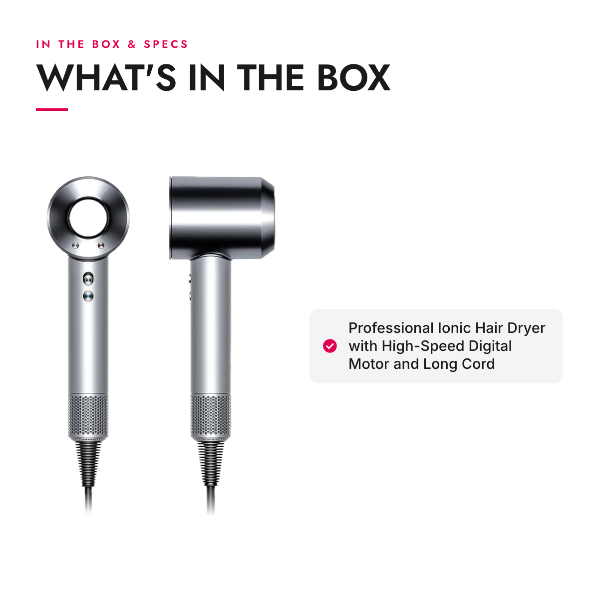 What's in the box and specifications: Professional Ionic Hair Dryer with High-Speed Digital Motor and Long Cord