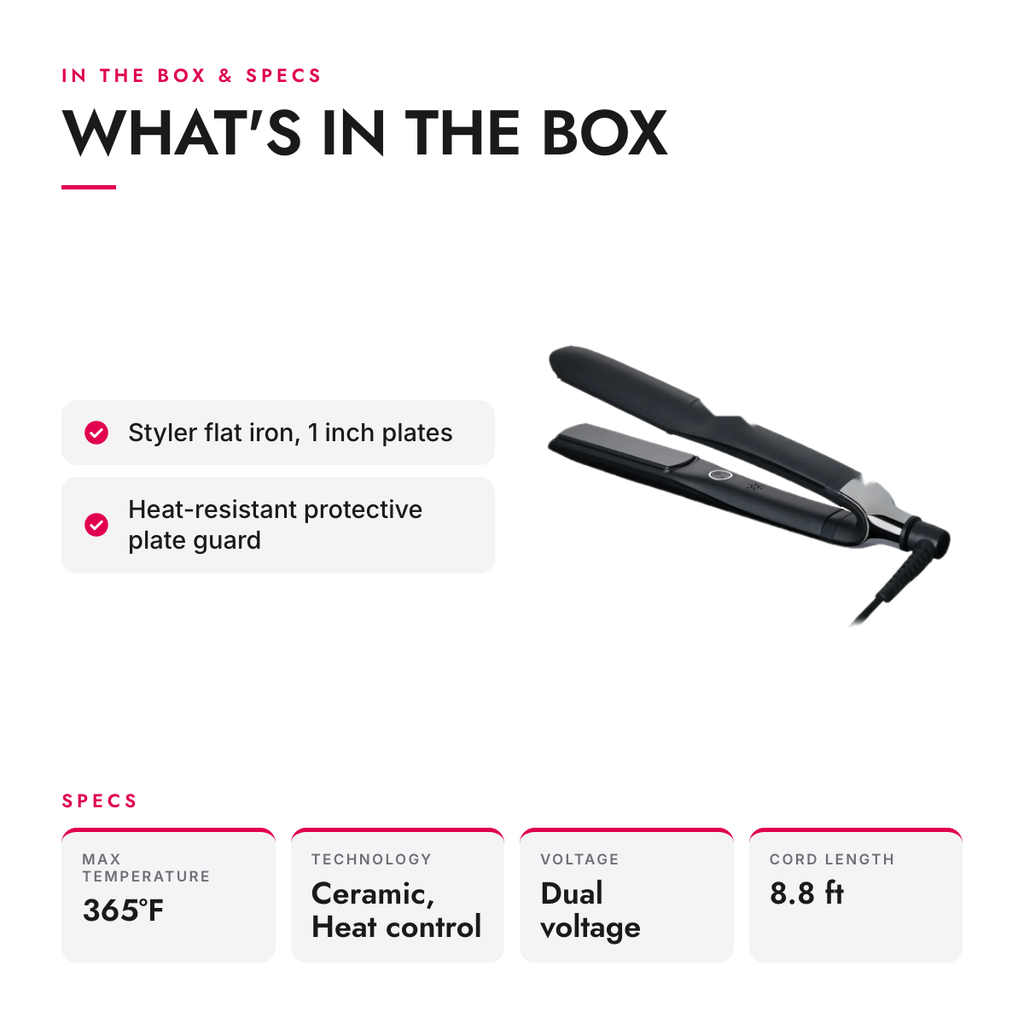 What's in the box and specifications: Smart Ceramic Flat Iron with Predictive Heat, 1 inch