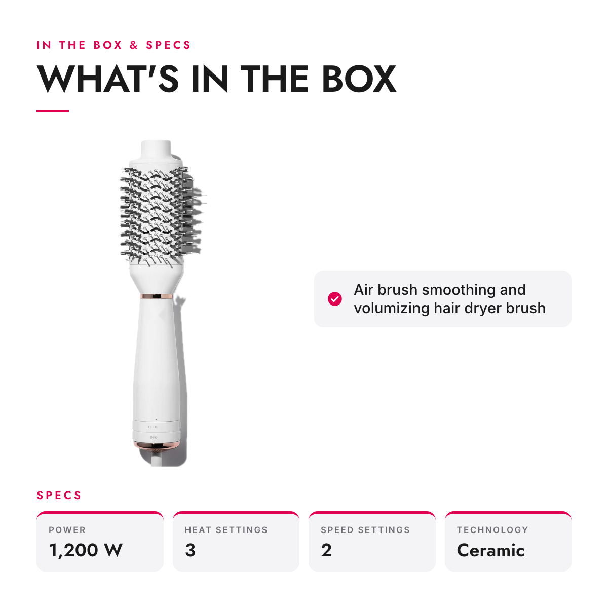 What's in the box and specifications: Oval Hair Dryer Brush with Ceramic Barrel and Cool Shot