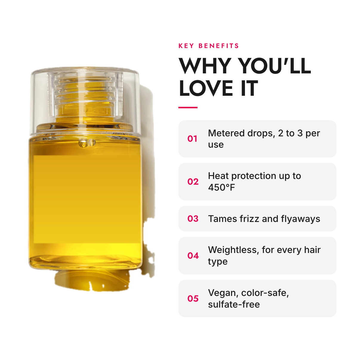 Key benefits of the Concentrated Shine & Frizz Styling Oil, 30 ml