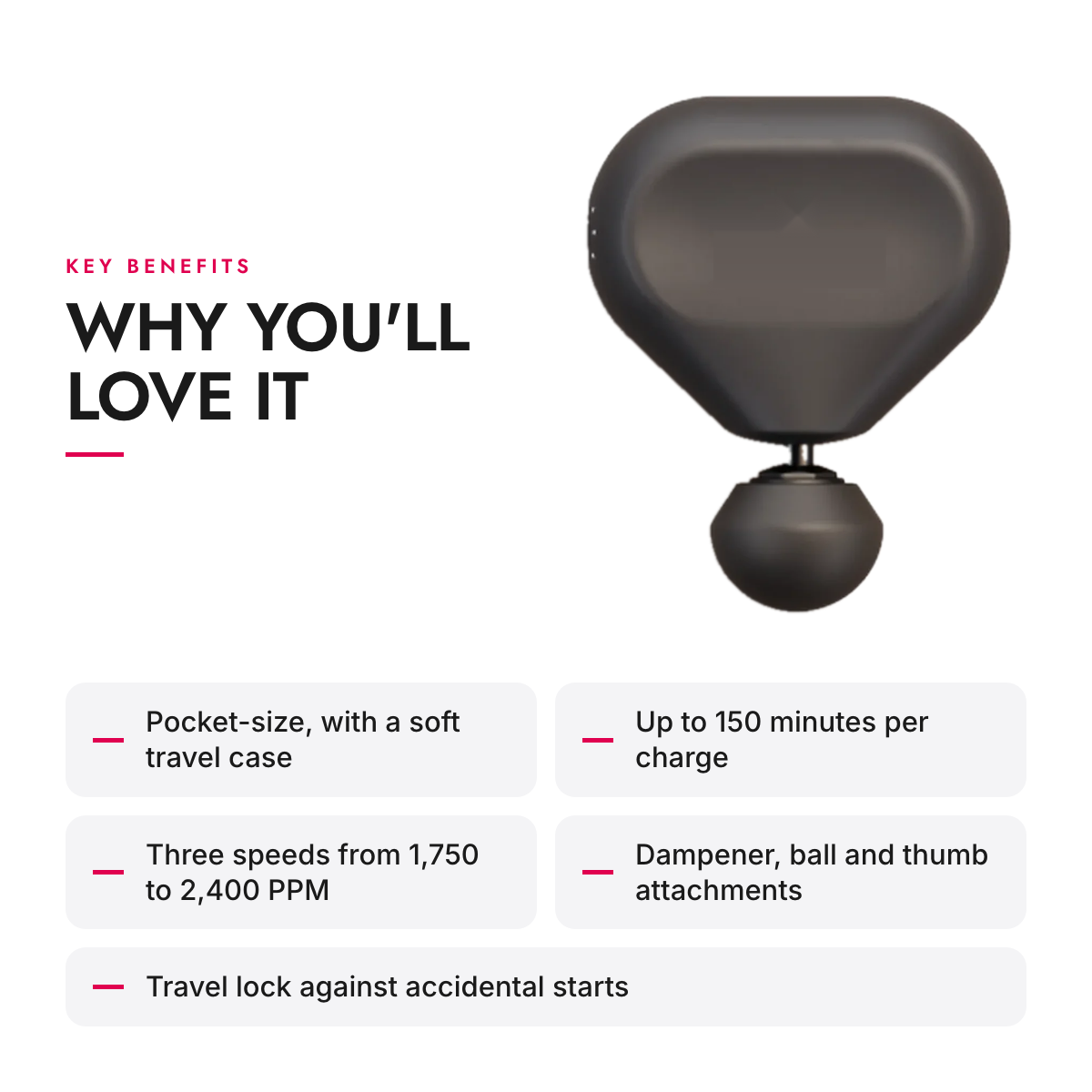 Key benefits of the Compact Percussion Massage Gun with 3 Attachments