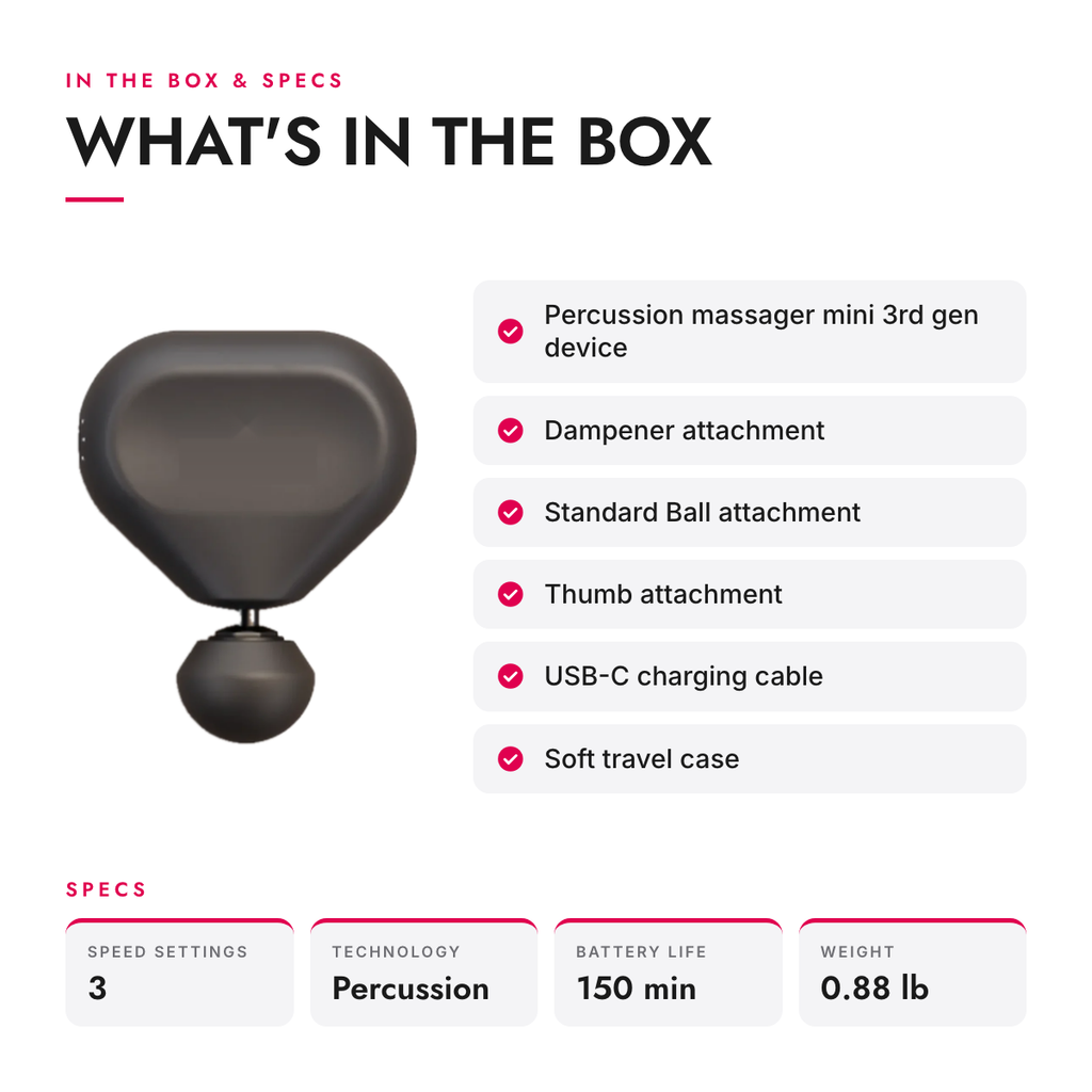 What's in the box and specifications: Compact Percussion Massage Gun with 3 Attachments