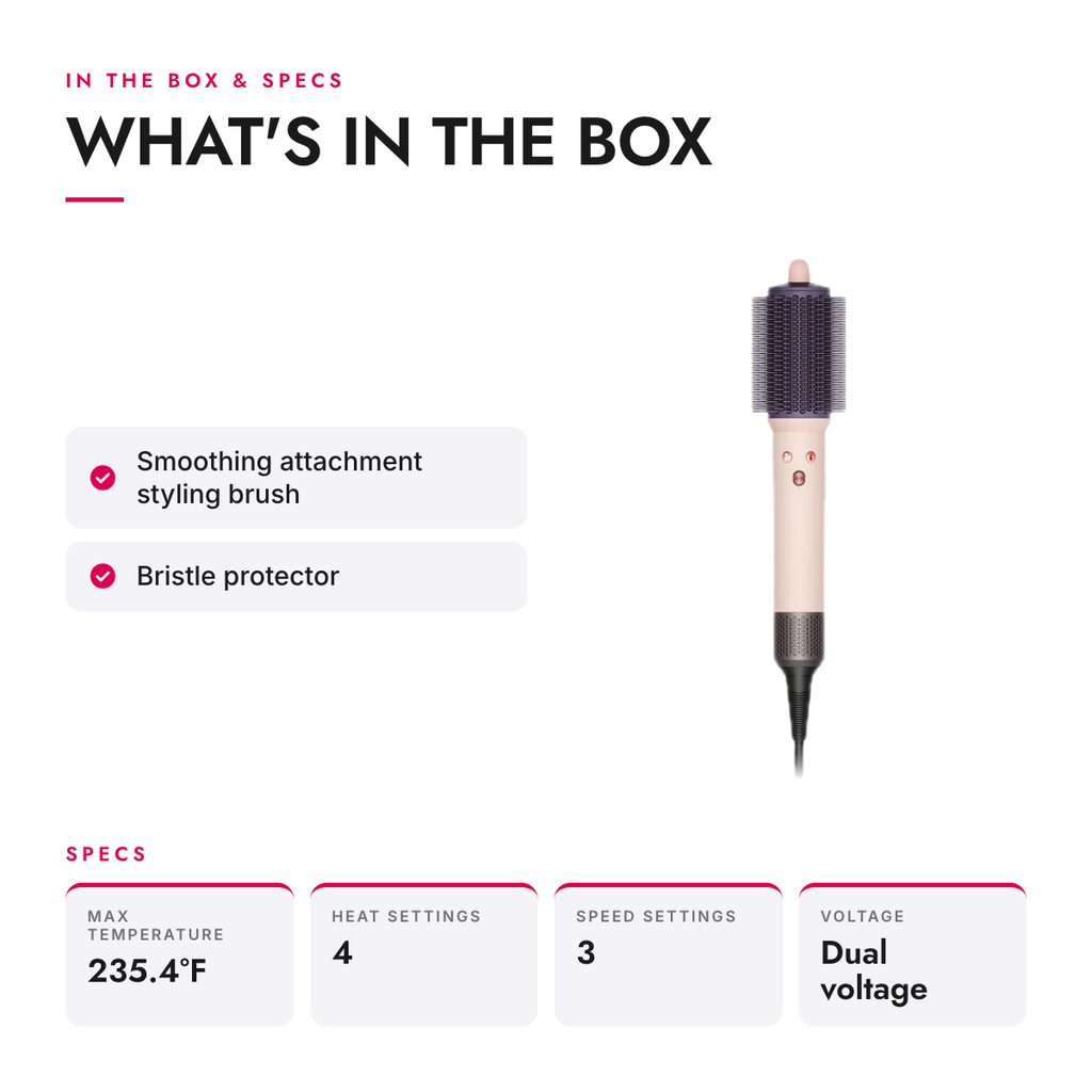 What's in the box and specifications: Dryer Brush with Dual Bristles and Universal Voltage