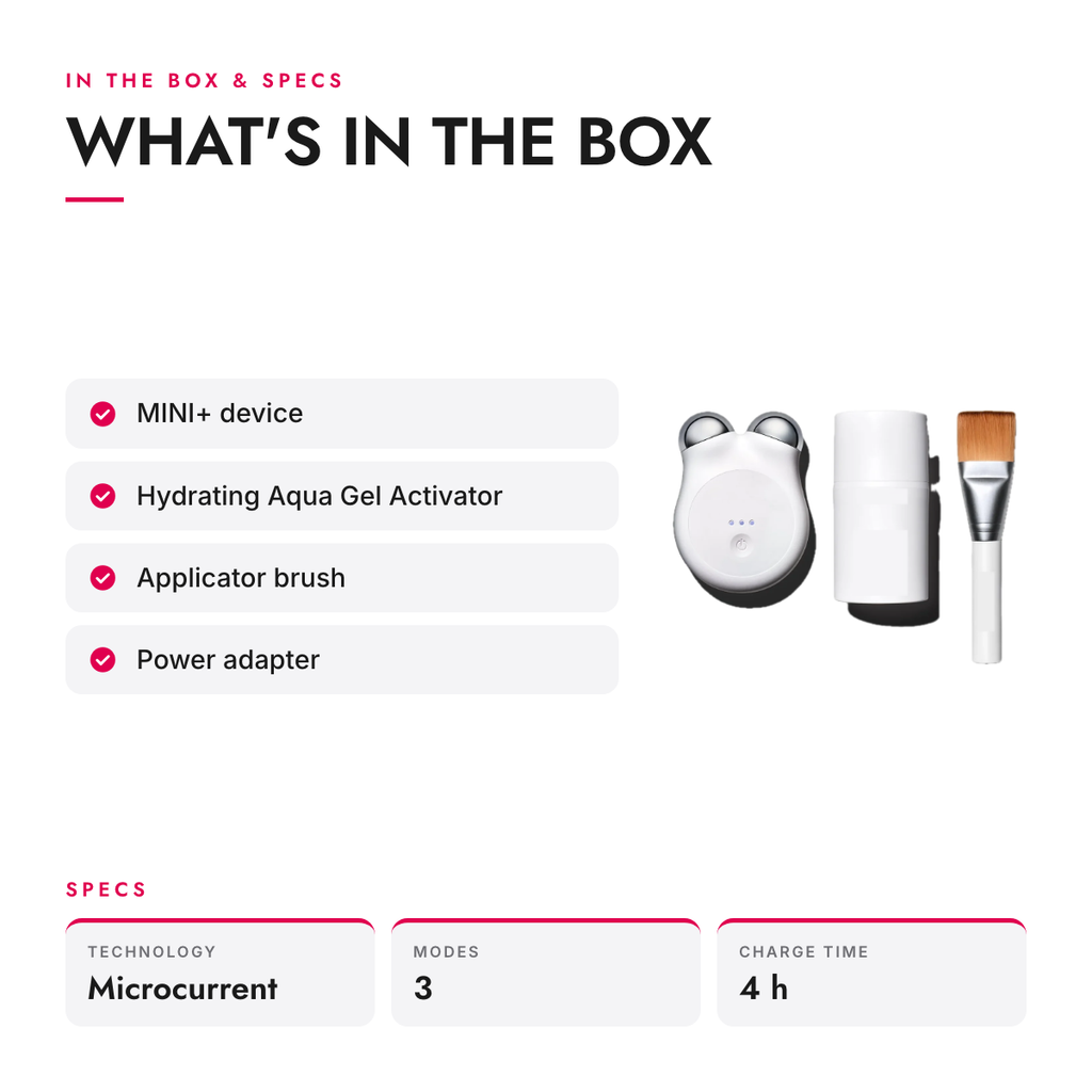 What's in the box and specifications: Petite Microcurrent Facial Toning Device Kit with Gel
