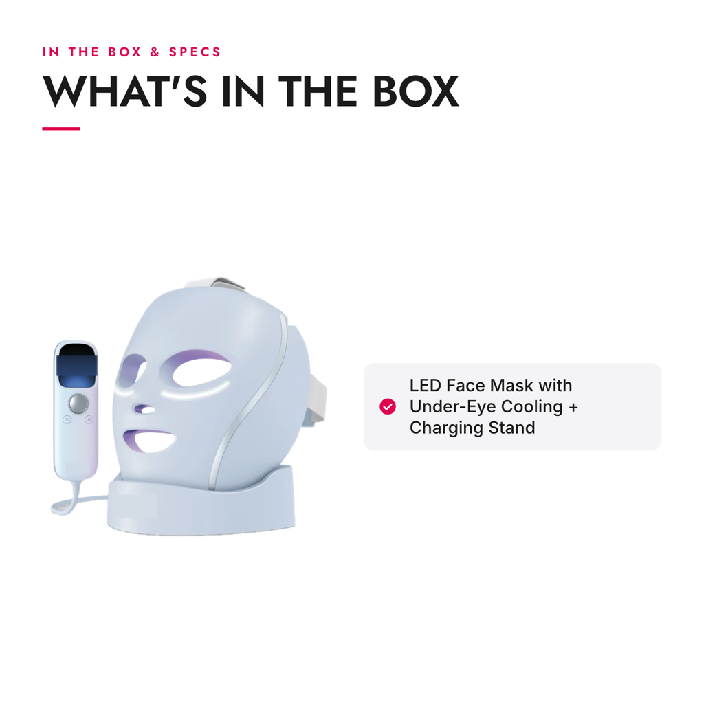 What's in the box and specifications: LED Face Mask with Under-Eye Cooling + Charging Stand